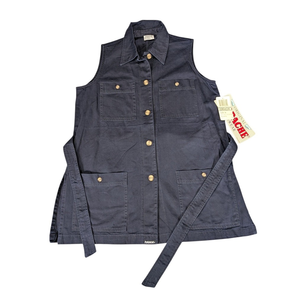 Jordache Vintage Navy Blue Cotton Utility Safari Vest Belted NWT Size M